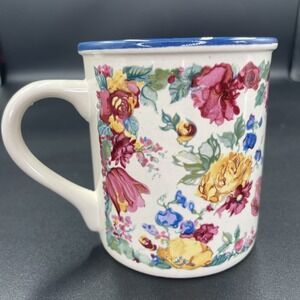 Vtg Potpourri Press Pink Yellow Blue Floral/Blue Coffee Mug Cup 1988 10oz Korea